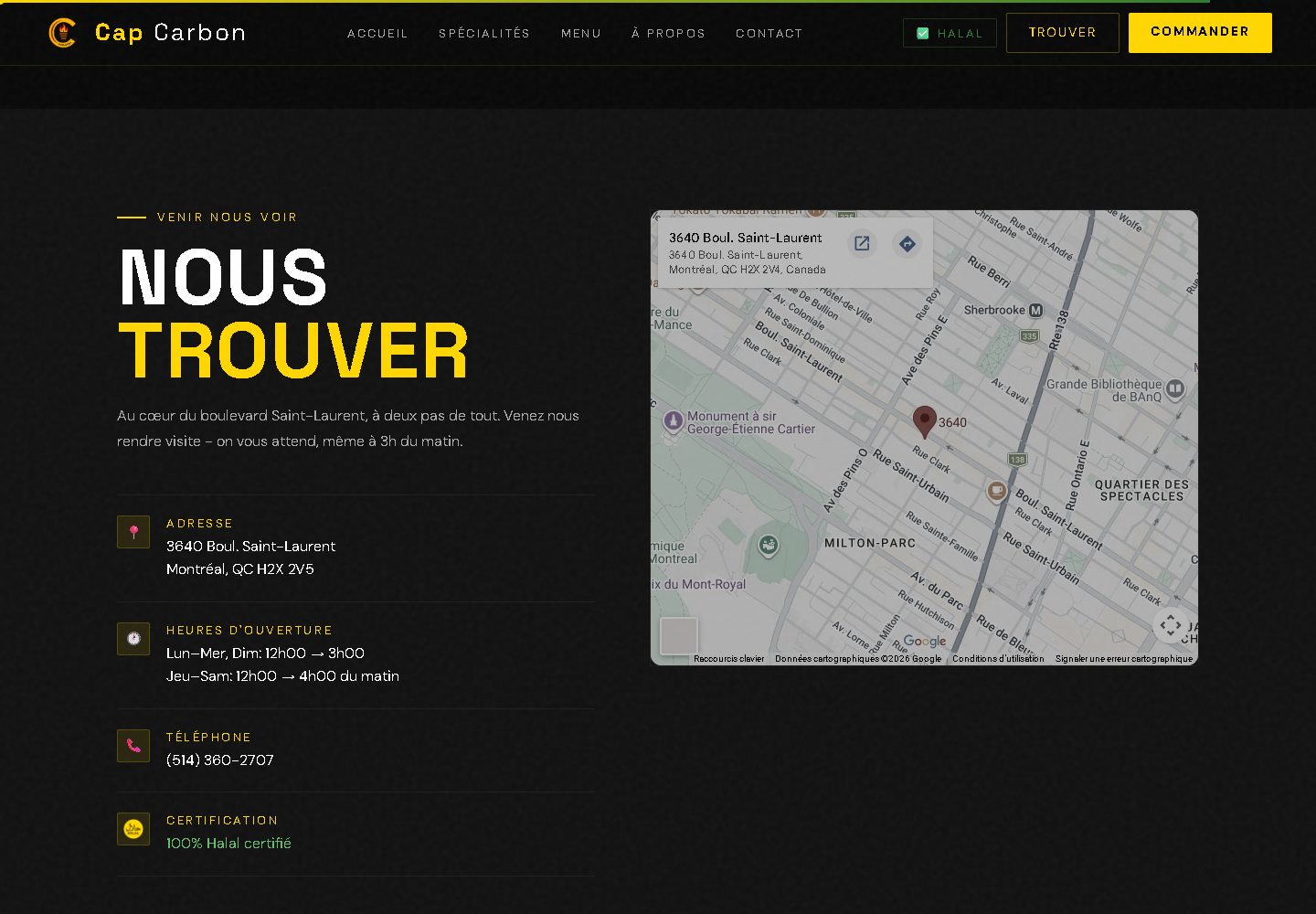 Capture du site Cap Carbon : section contact, horaires et commande en ligne