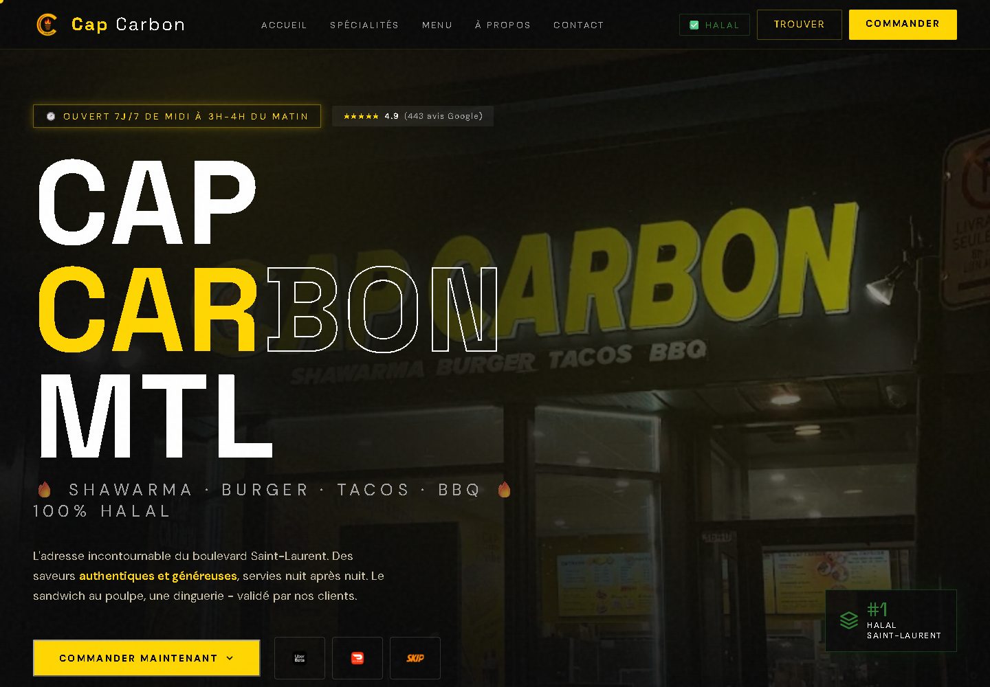 Capture du site de Cap Carbon : hero immersif aux tons braise, menus shawarma