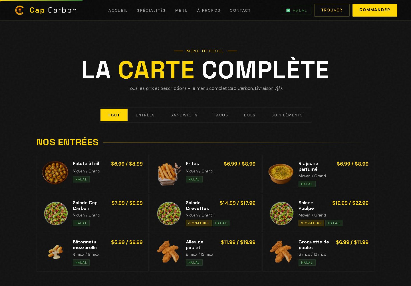 Capture du site Cap Carbon : menu structuré par catégories, onglets et badges