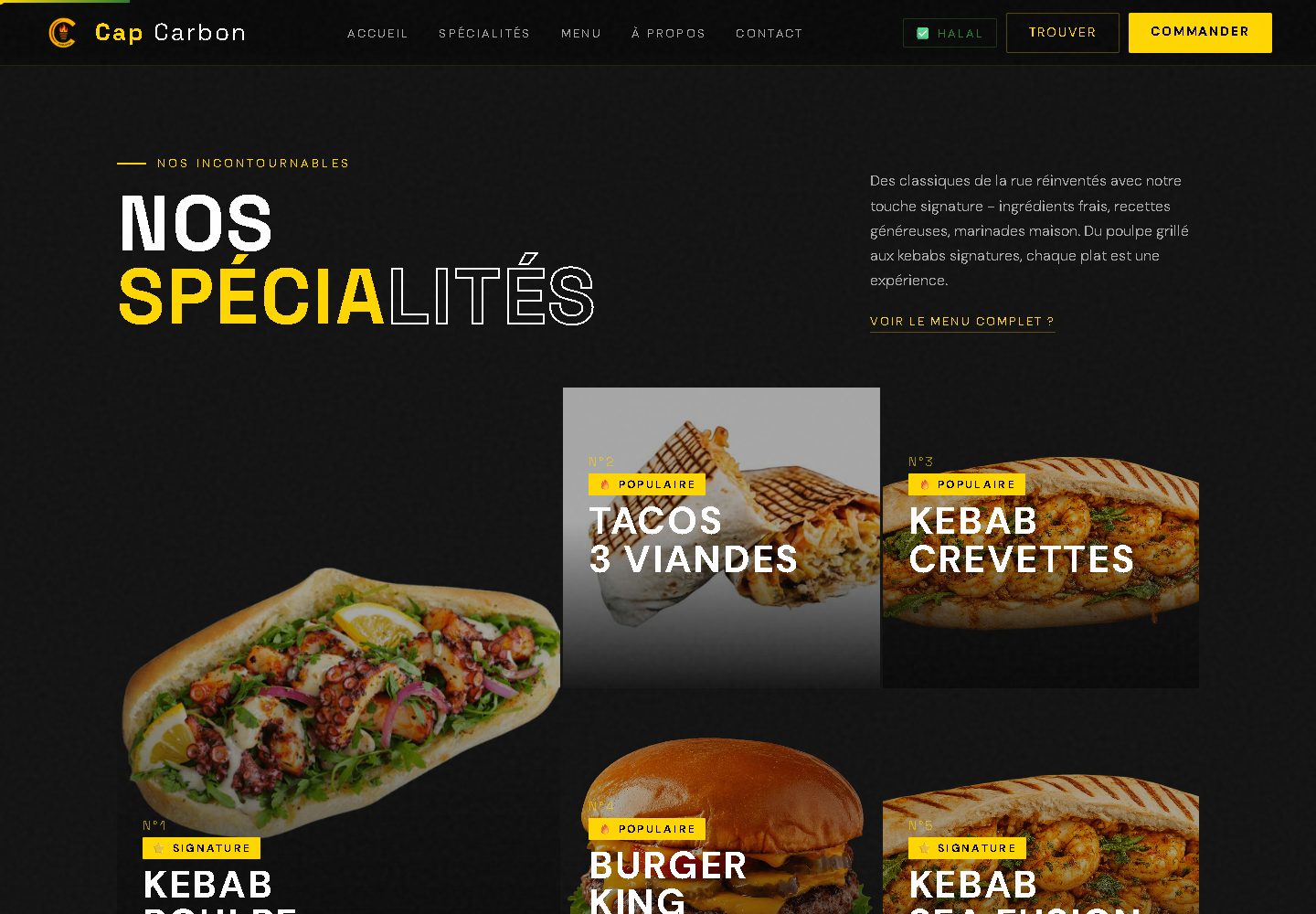 Capture du site Cap Carbon : cartes des spécialités shawarma et burgers